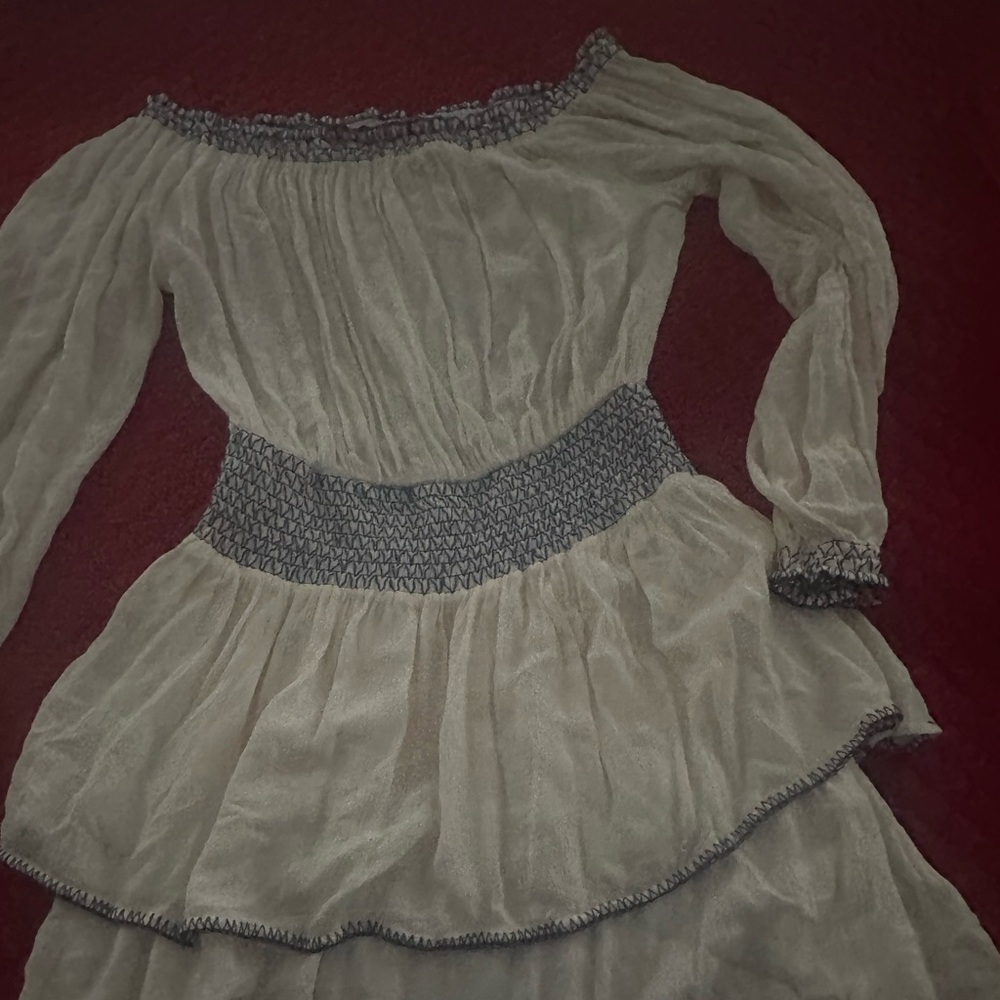 Urban Outfitters Cream and Blue Smocked Top